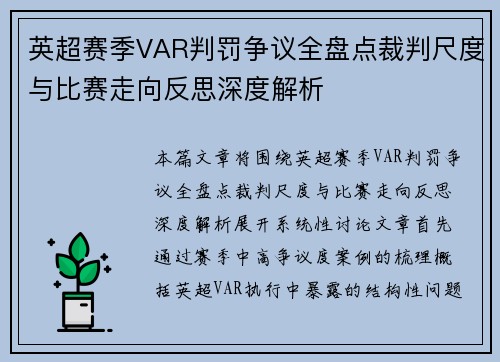 英超赛季VAR判罚争议全盘点裁判尺度与比赛走向反思深度解析