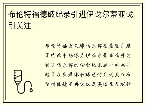 布伦特福德破纪录引进伊戈尔蒂亚戈引关注 布伦特福德破纪录引进伊戈尔蒂亚戈引关注